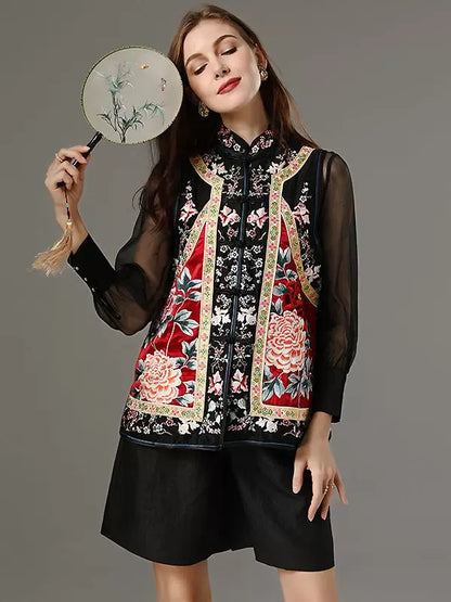 Women's Spring Collared Vest Heavy Embroidery Acetate Satin