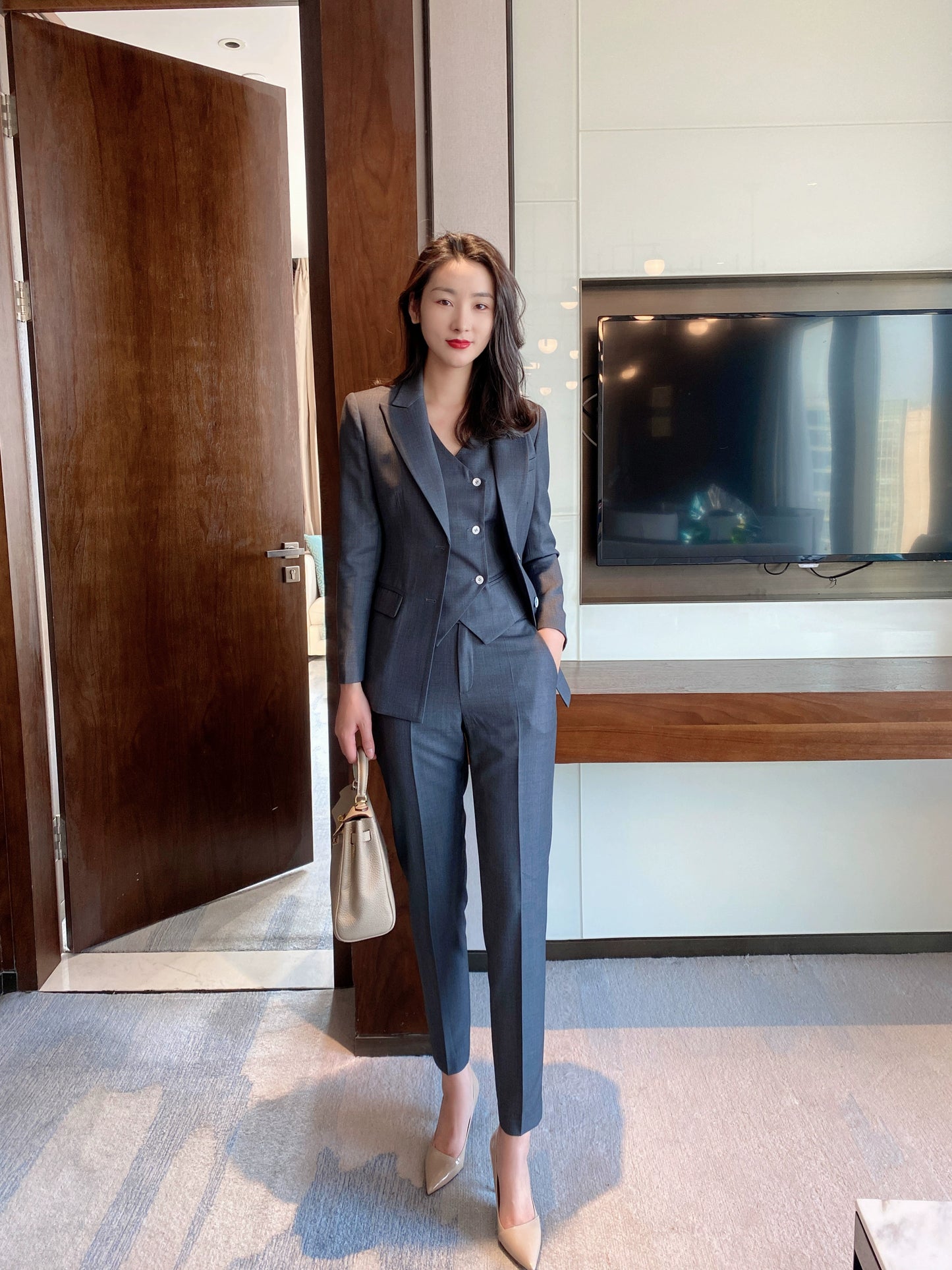 Women's Dark Grey Spring Autumn 3-Piece Suit Vest & Trousers