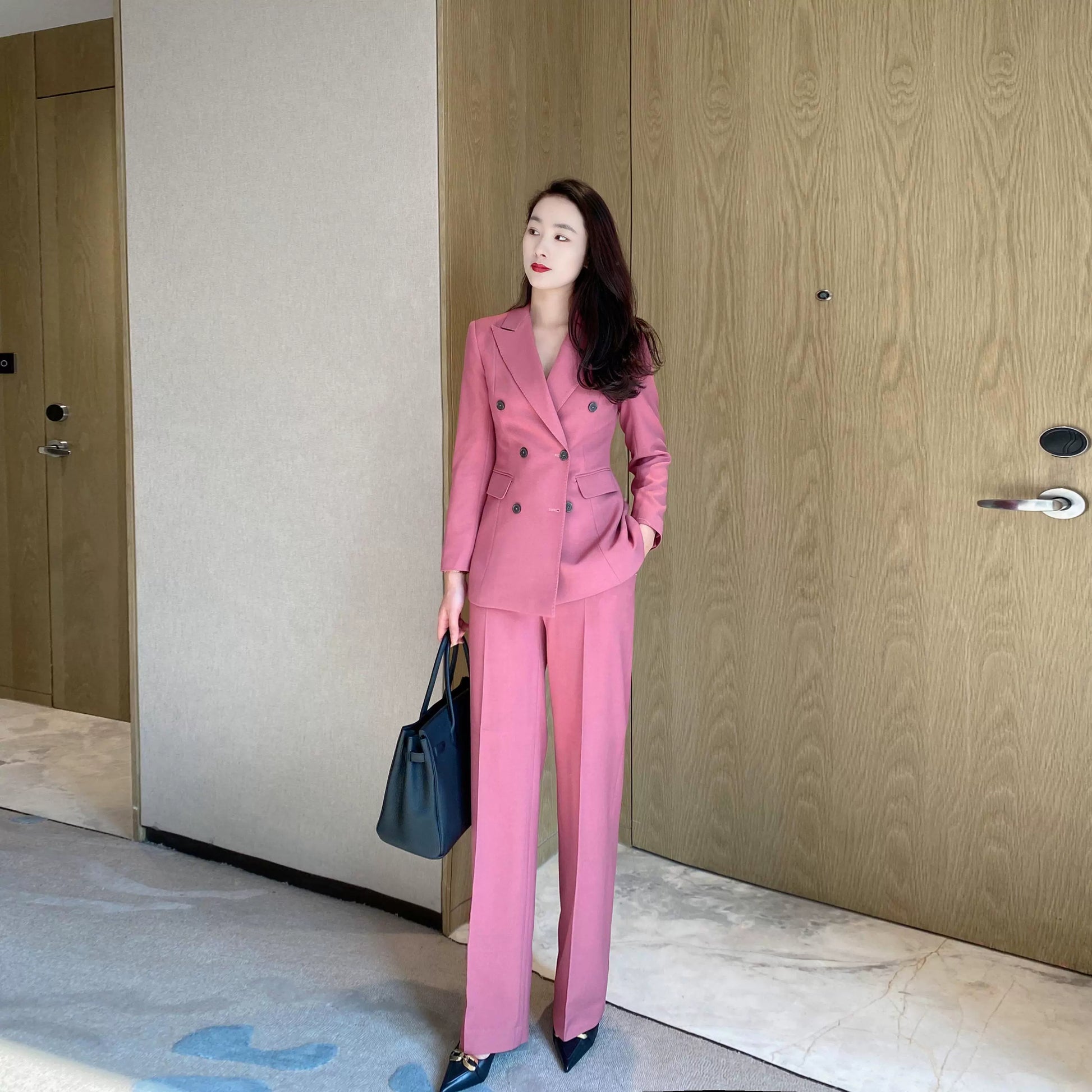 Elegant Fuchsia Spring Blazer and Wide-Leg Pants Set