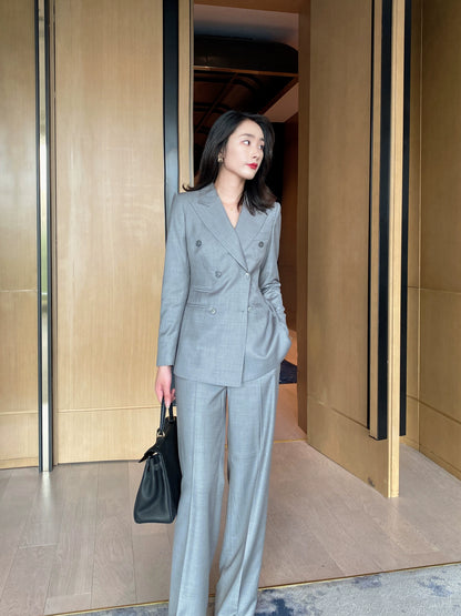 Elegant Light Grey Autumn Women Suit with Wide‑Leg Trousers