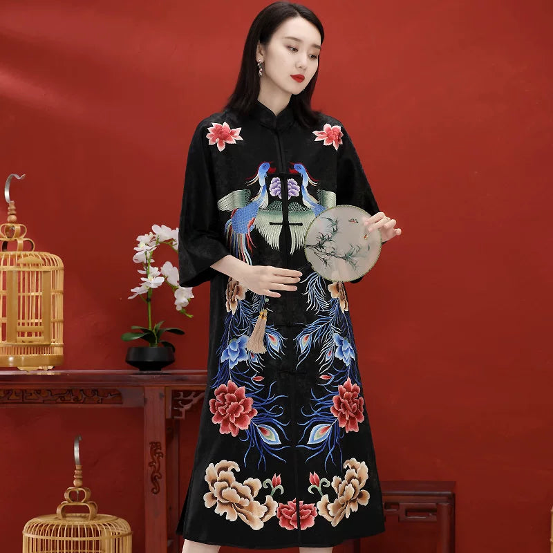 New Chinese Style Women's Mid-Length Jacket With Embroidered Buttons
