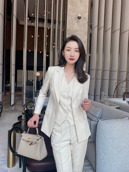 Elegant Oat Autumn Women’s 3‑Piece Suit Vest Trousers Set