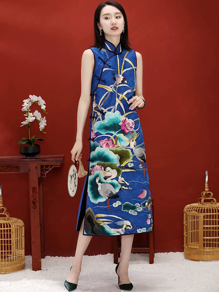 Custom Chinese‑Style Retro Spring Autumn Hand‑Embroidered Plus‑Size Qipao Dress