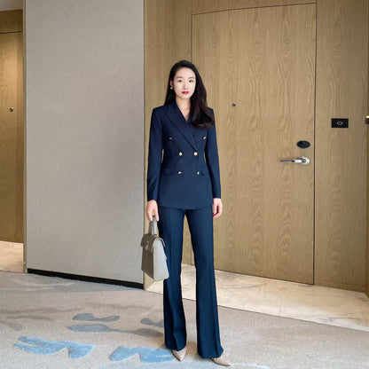 Elegant Navy Blue Slim-Fit Suit with Flared Trousers