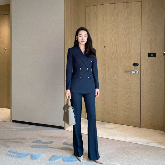 Elegant Navy Blue Slim-Fit Suit with Flared Trousers