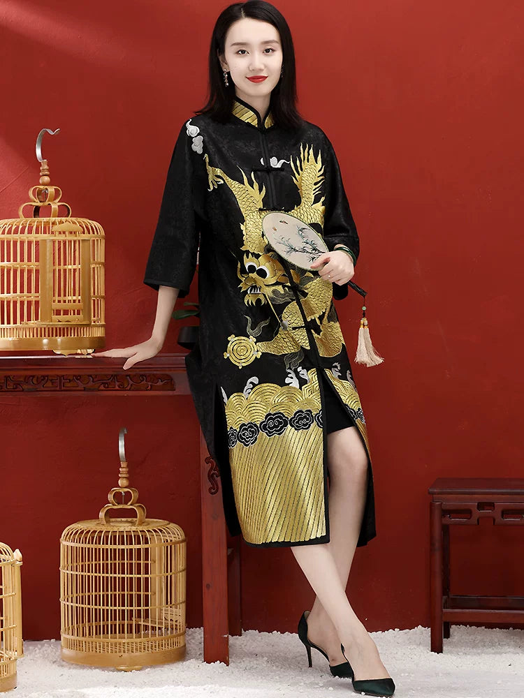 Mid-Length Women's Chinese-Style Coat Hand-Embroidered Gold Dragon Black