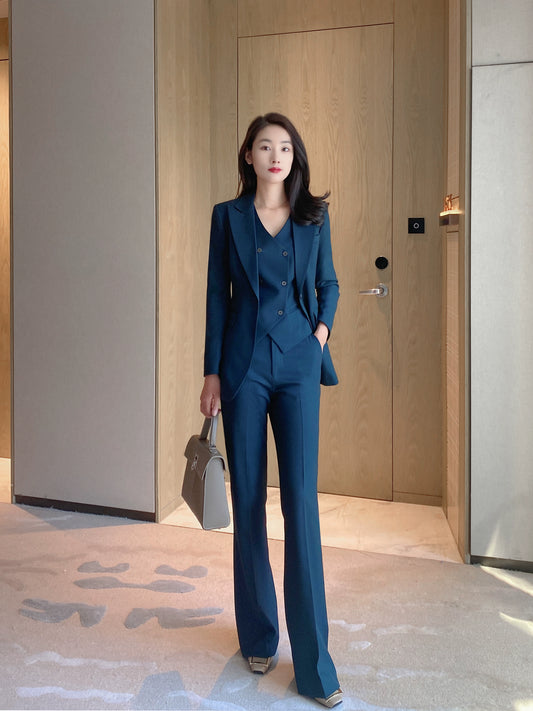 Cyan Blue Classic Women's Suit Set with Vest