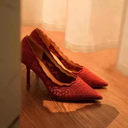 Elegant Lace Mesh Stiletto Heels, Spring Classic, 8cm Red