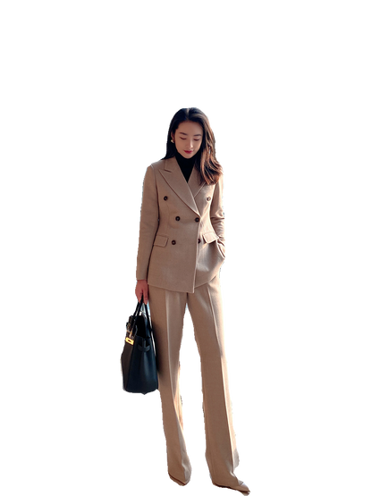 Beige Demi-Season Woolen Women's Suit with Tailored Fit