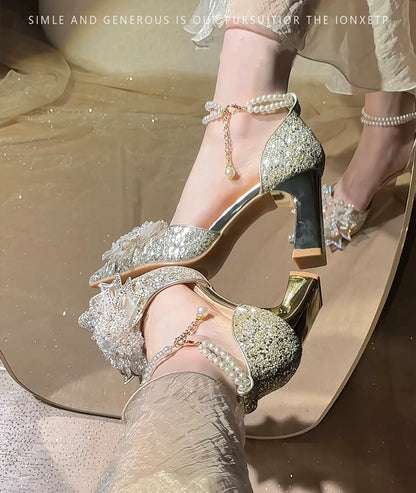 Champagne Chunky Heel Two-Way Wedding Shoes with Water Crystal Sequin