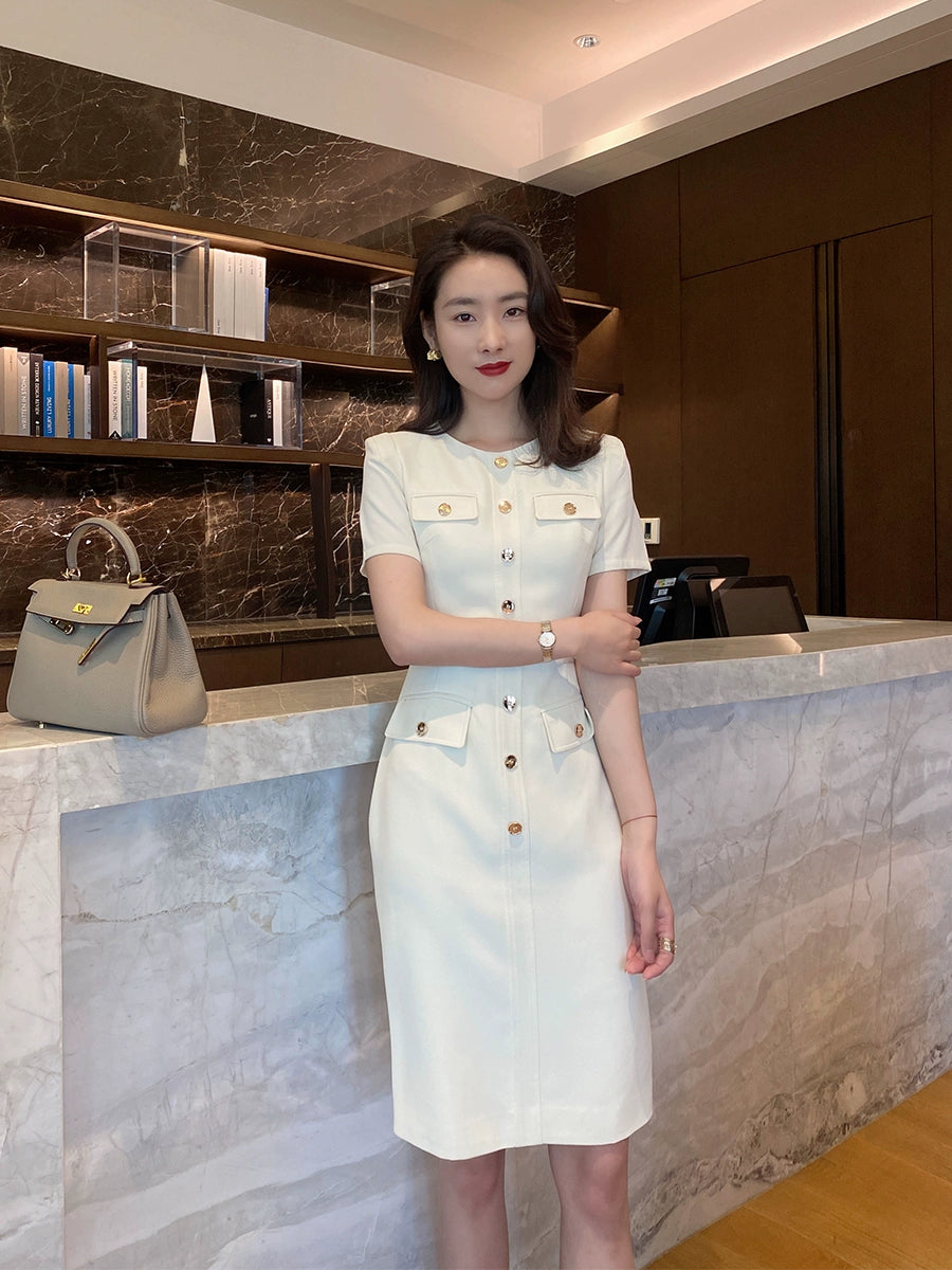Summer White Fitted Short Sleeve Dress with Waist Belt