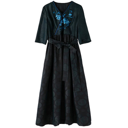 Silk Xiangyun Sa Embroidered Vintage Chinese Dress Black XL
