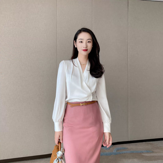 Elegant Autumn Long‑Sleeve V‑Neck Casual Shirt for Women