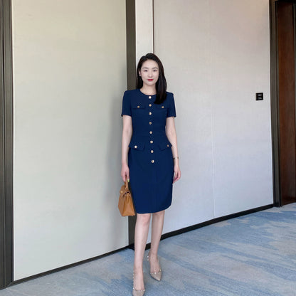 Elegant Summer Fitted Midi Dress with Short Sleeve – Navy