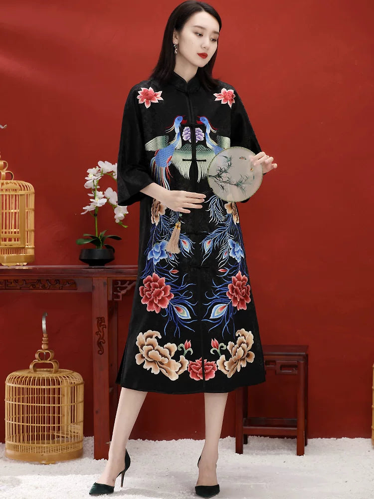 New Chinese Style Women's Mid-Length Jacket With Embroidered Buttons