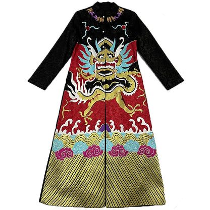 Women's Plus Size Trench Coat Black Hand‑Embroidered Dragon Robe