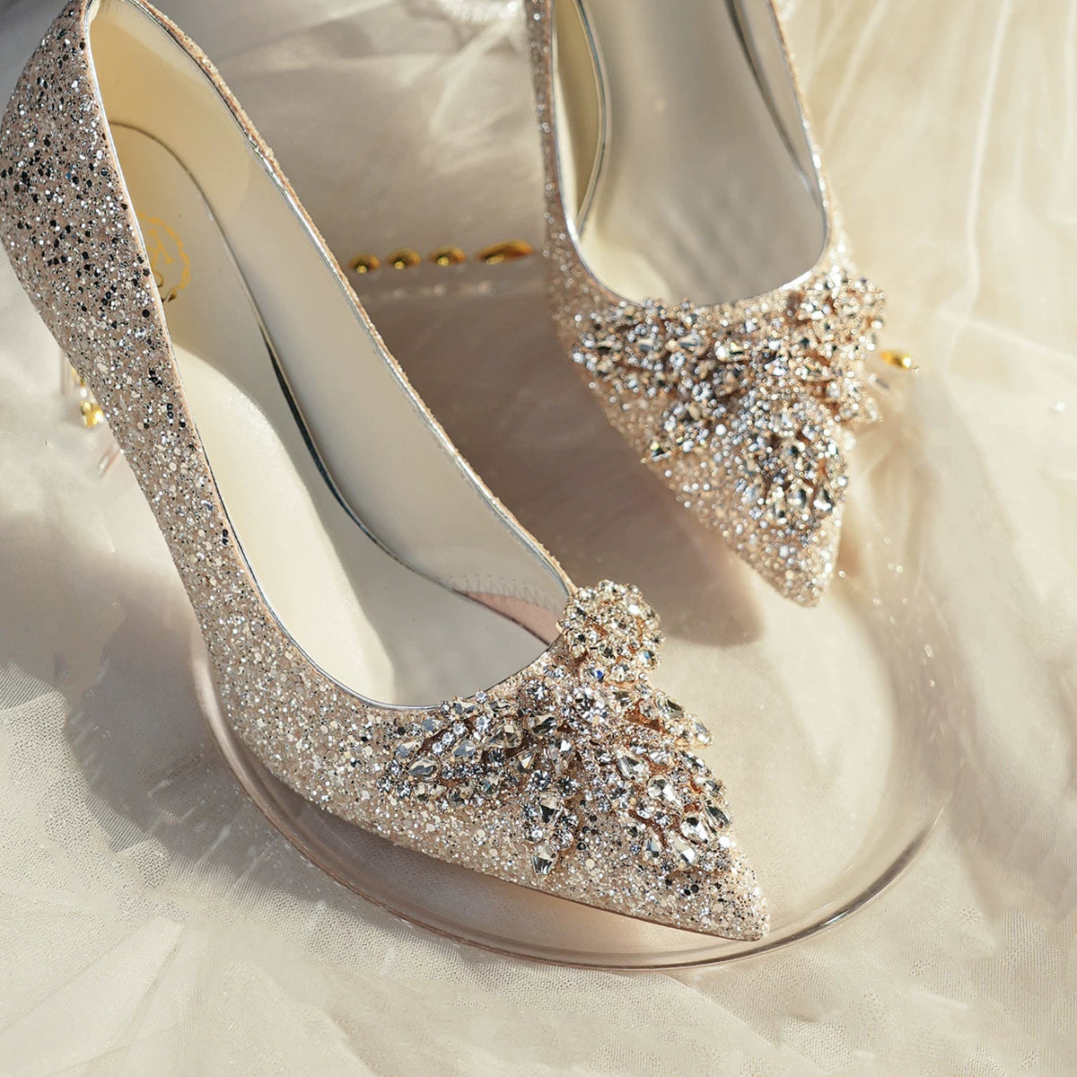 Champagne Gold Bridal Wedding Shoes Two‑Way Crystal High Heel
