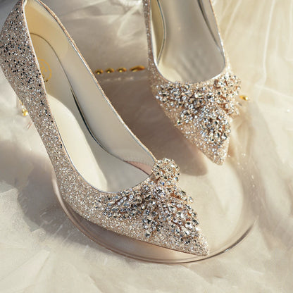 Champagne Gold Bridal Wedding Shoes Two‑Way Crystal High Heel