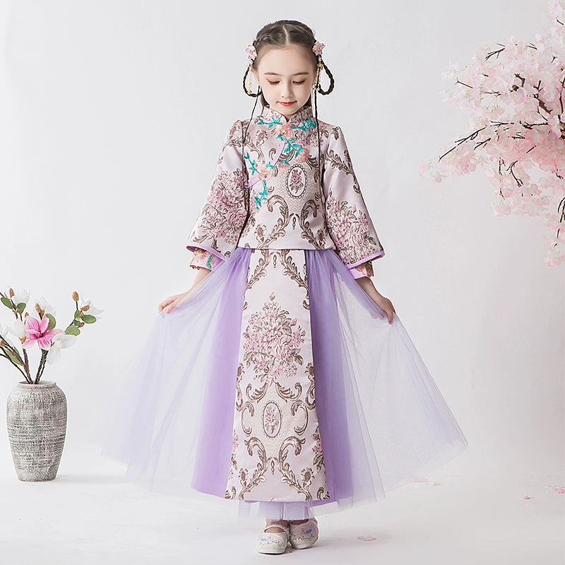 Elegant Girls' Fleece Lined Hanfu Cheongsam Dress: Traditional Chinese New Year Outfit
