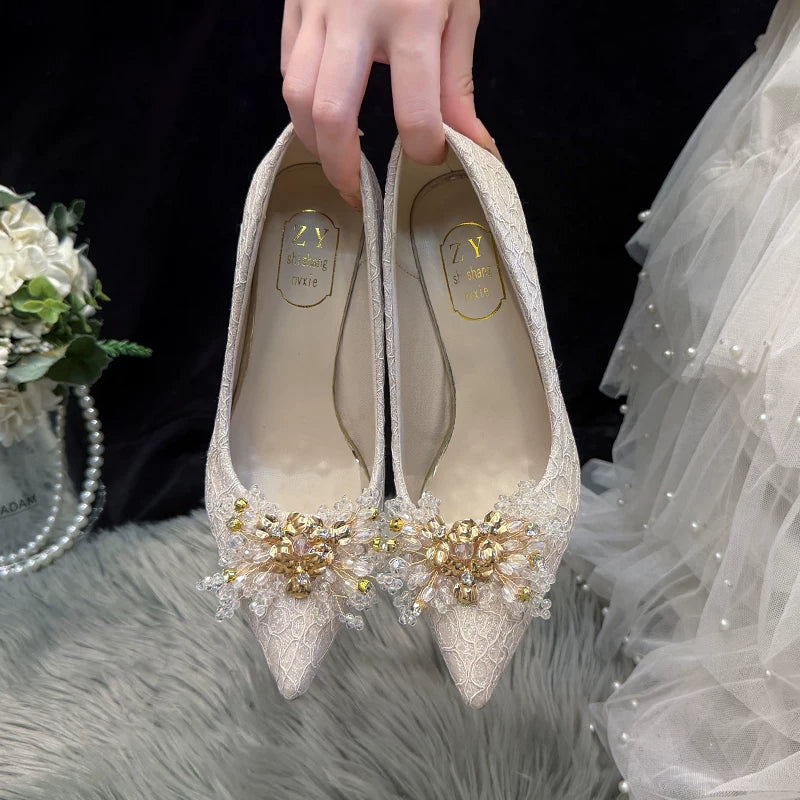 Elegant Champagne Crystal Flower Wedding High Heel Shoes