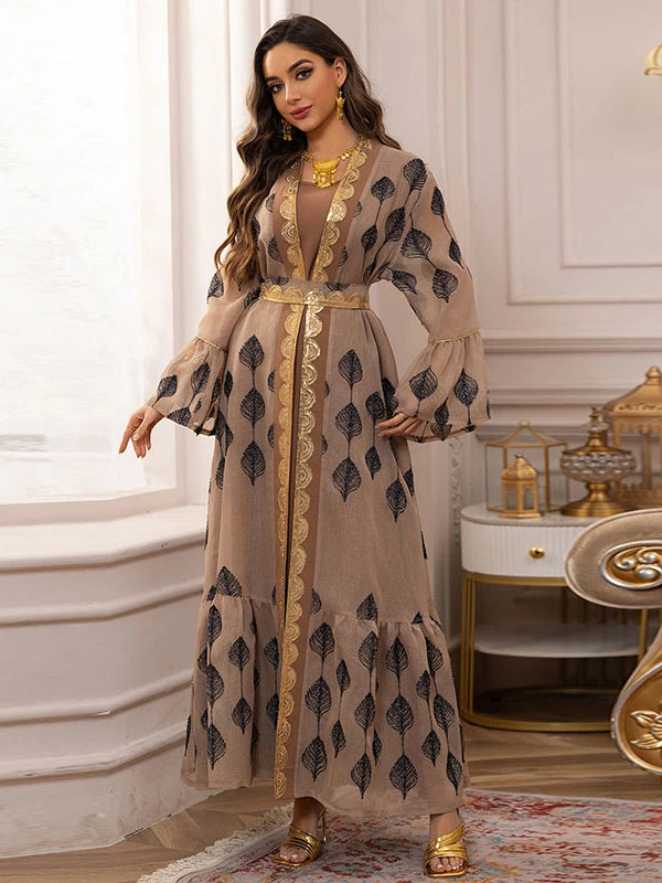Elegant Khaki Arabic Embroidered Fashionable Two?Piece Dress Set