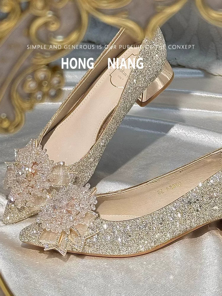 Crystal Bridal Wedding Shoes Dual‑Use Sequined Stiletto 3cm Heel