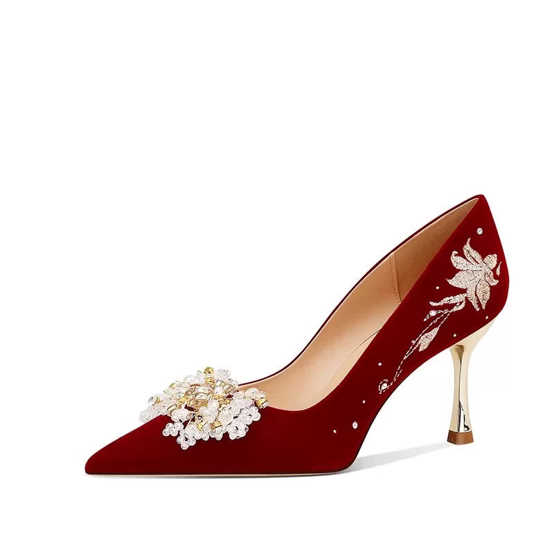 Elegant Red Bridal Wedding Shoes Two‑Way Comfortable Small Stature Heels