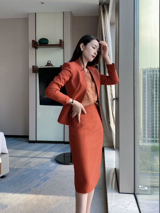 Rust Red Autumn Short Jacket & Pleated Skirt Set – Slim Fit