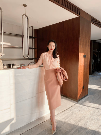 Spring Fuchsia Long-Sleeve V-Neck Loose Fit Elegant Women's Shirt