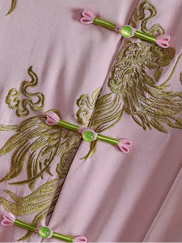 Women's Loose Pink Embroidered Cardigan With Phoenix Design