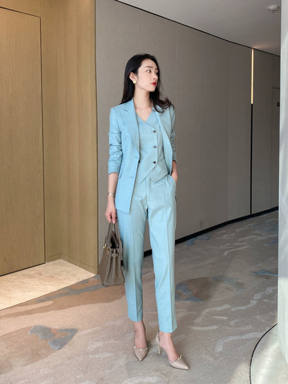 Autumn Slim Fit 3‑Piece Women’s Suit Set in Celadon Blue