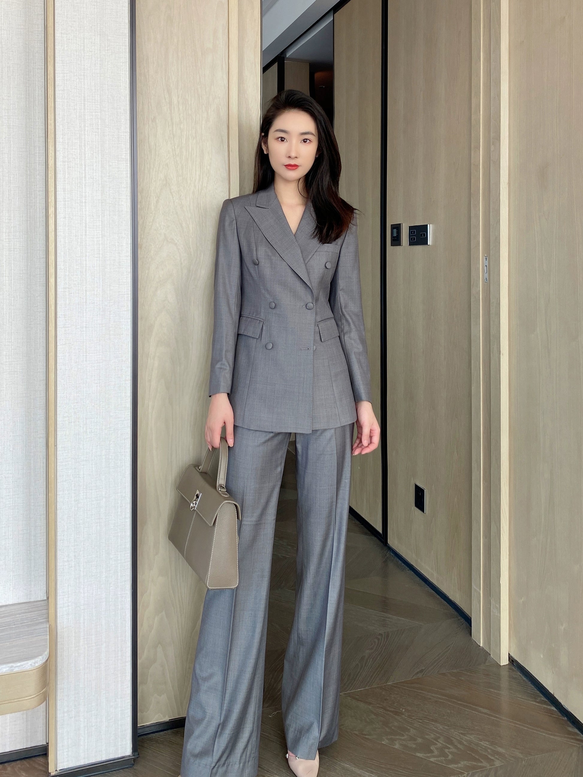 Medium Gray Autumn Classic Women’s Suit Jacket and Trousers Set