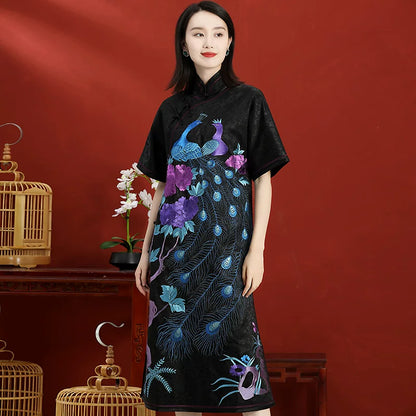 Elegant Mid-Length Hand-Embroidered Chinese Style Spring Autumn Dress