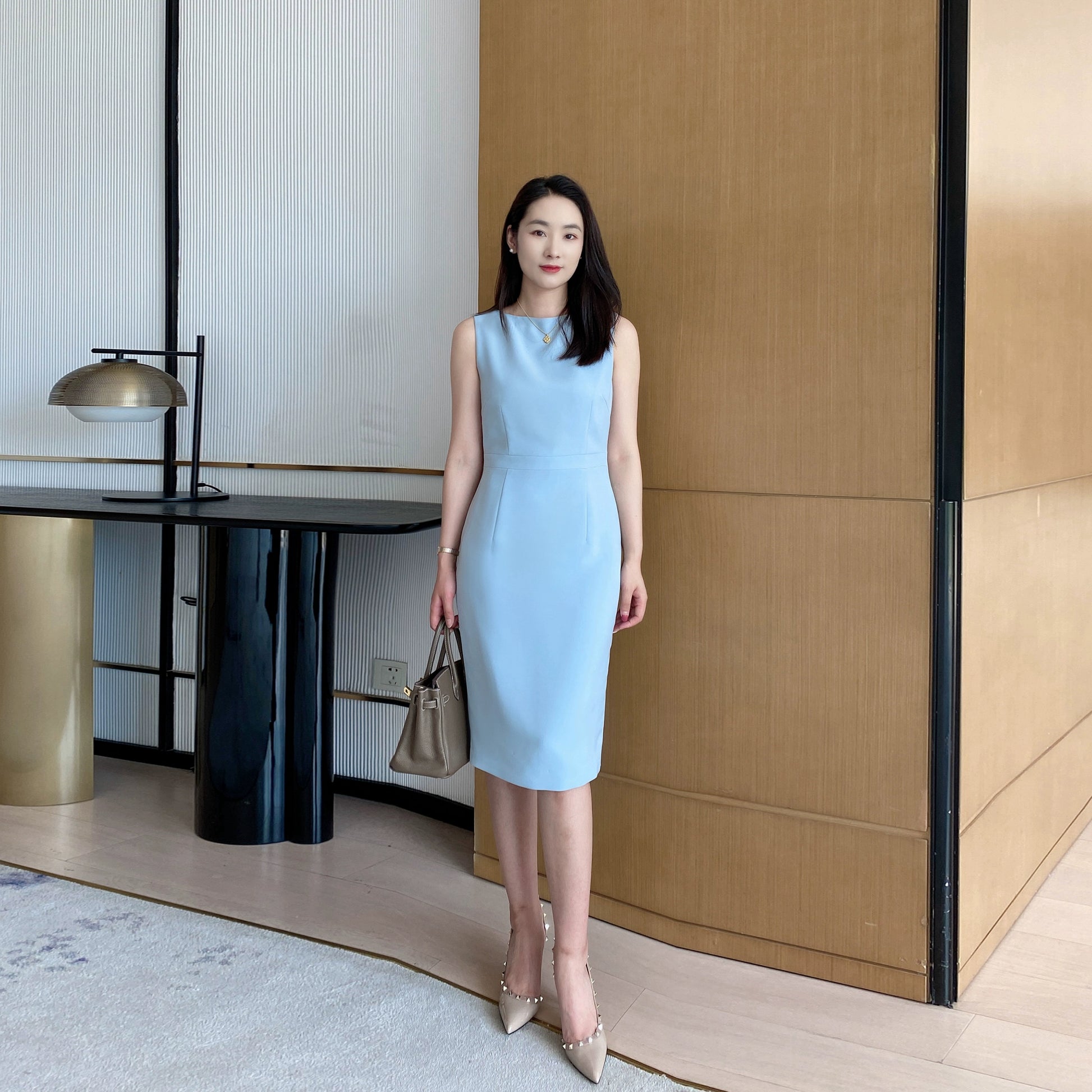 Summer Blue Fitted Sleeveless Dress Elegant Mid‑Length One‑Step Skirt