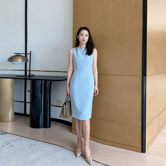 Summer Blue Fitted Sleeveless Dress Elegant Mid‑Length One‑Step Skirt