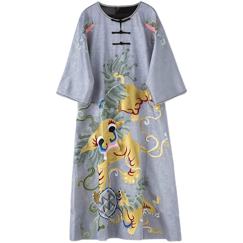 Retro Chinese Style Hand‑Embroidered Maxi Dress Large Size