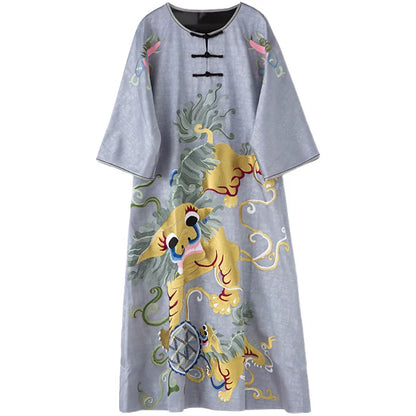 Retro Chinese Style Hand‑Embroidered Maxi Dress Large Size