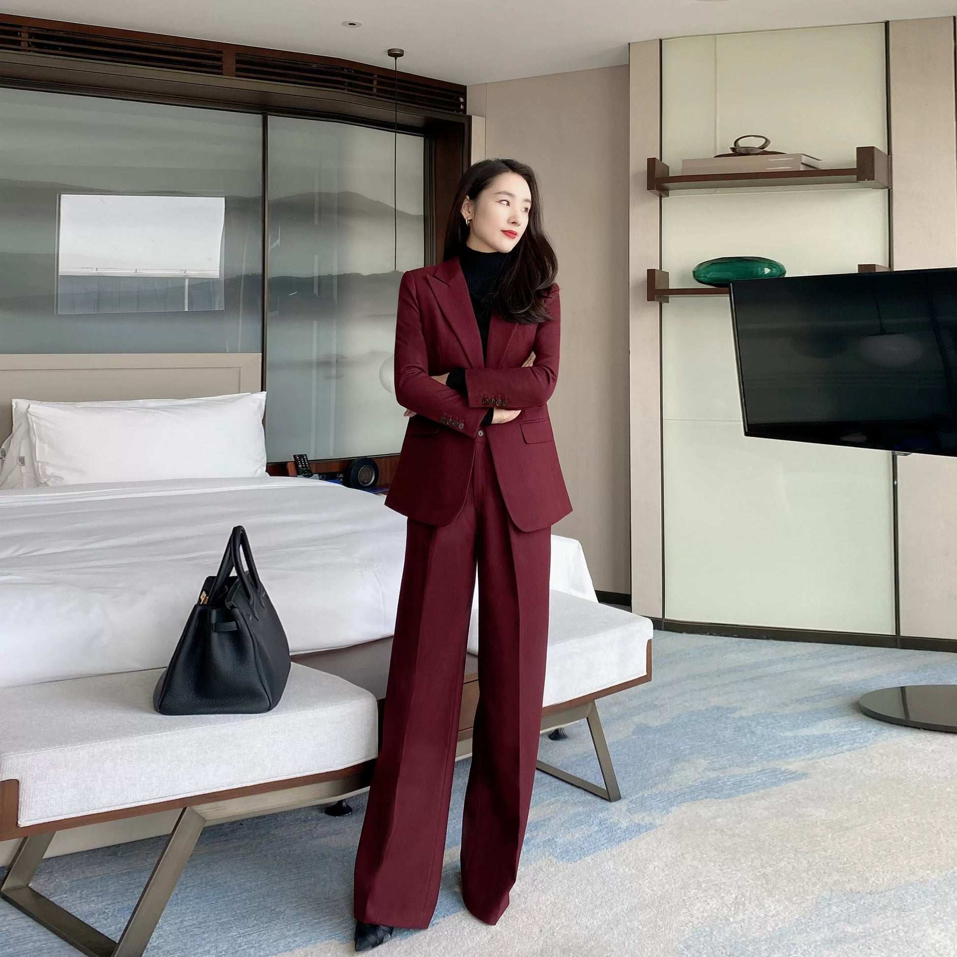 Red One-Button Wool Suit Elegant Wide-Leg Trousers for Women