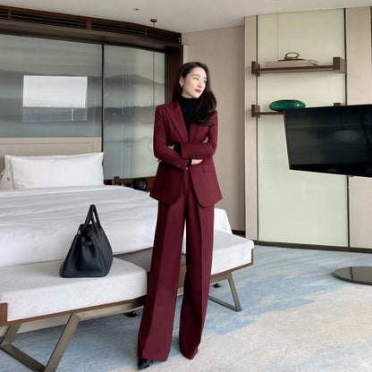 Red One-Button Wool Suit Elegant Wide-Leg Trousers for Women