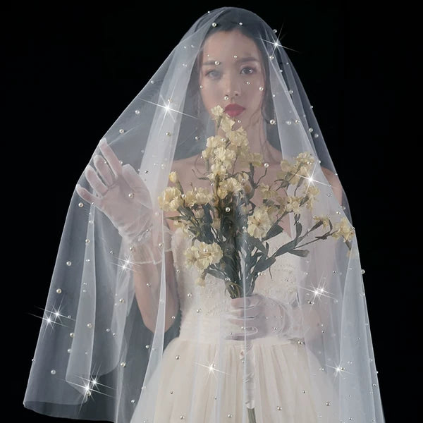 Wedding Veil Pearls Bride Photo Props Long Universal
