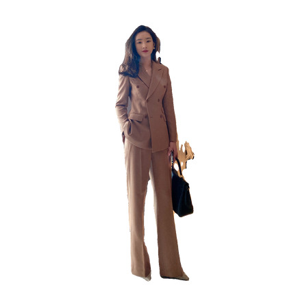 Premium Camel Wool Women’s Suit Set with Slim Fit Trousers