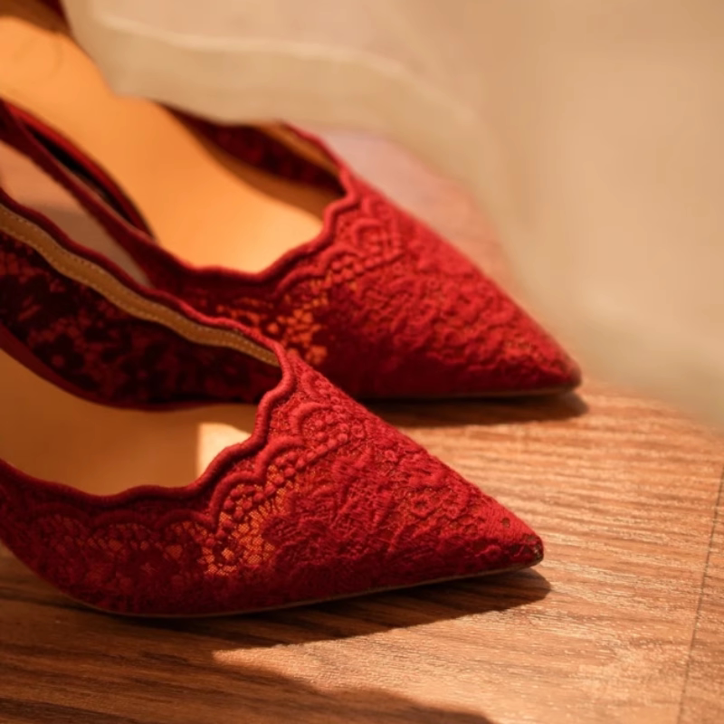 Elegant Lace Mesh Stiletto Heels, Spring Classic, 8cm Red