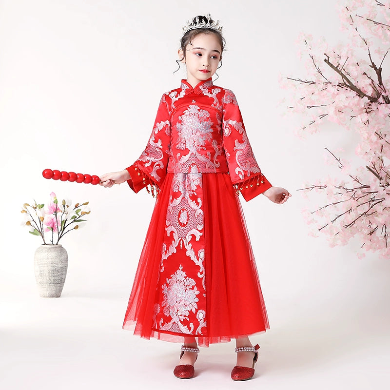 Elegant Chinese Style Girls' Hanfu Dress Set: Long-Sleeve Cheongsam Skirt for Teenagers