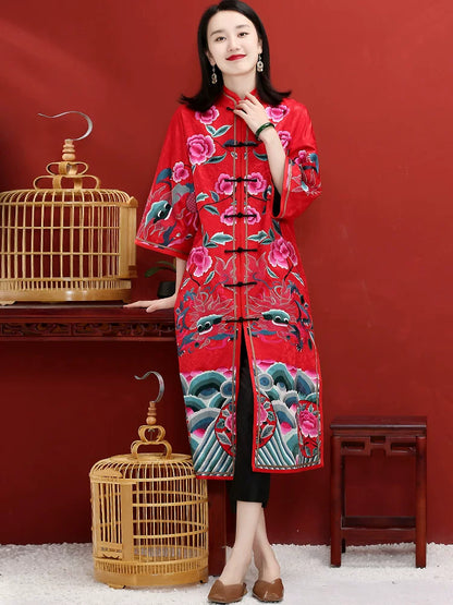 Red Hand‑Embroidered Plus‑Size Chinese‑Style Qipao Dress Spring Autumn