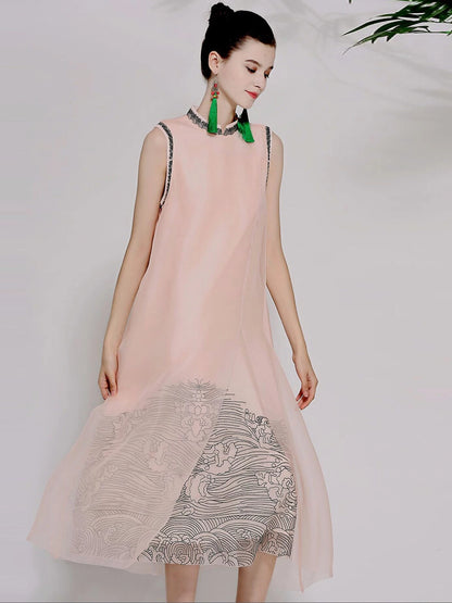 Women's Silk Organza Sleeveless Dress Vintage Summer Style