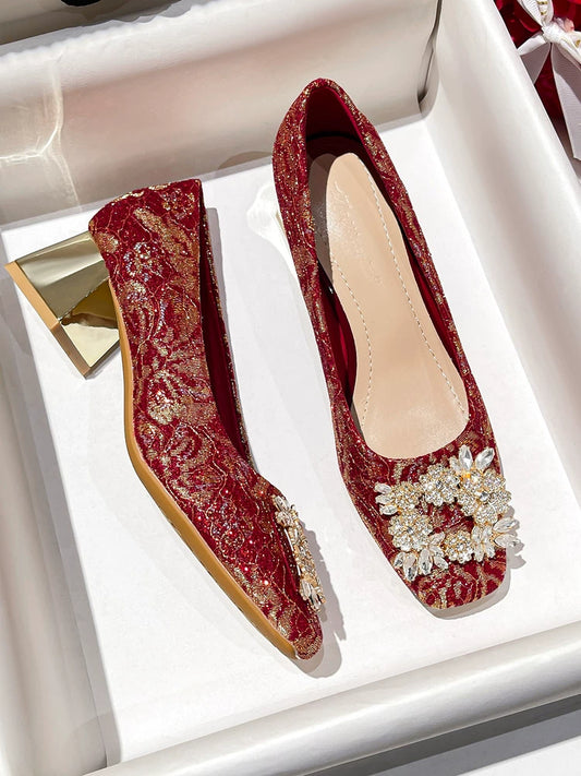 Square Toe Bridal Shoes 2025 Two‑Way Crystal Stiletto Red Heel