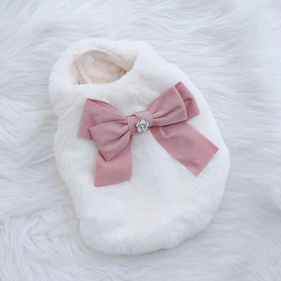 Fur Big Bow Pet Dog Autumn Winter Warm Cotton Vest Teddy Yorkshire Panda Cat Clothes