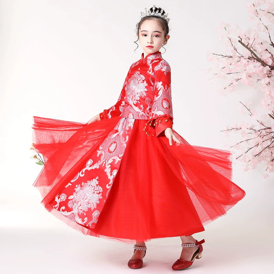 Elegant Chinese Style Girls' Hanfu Dress Set: Long-Sleeve Cheongsam Skirt for Teenagers