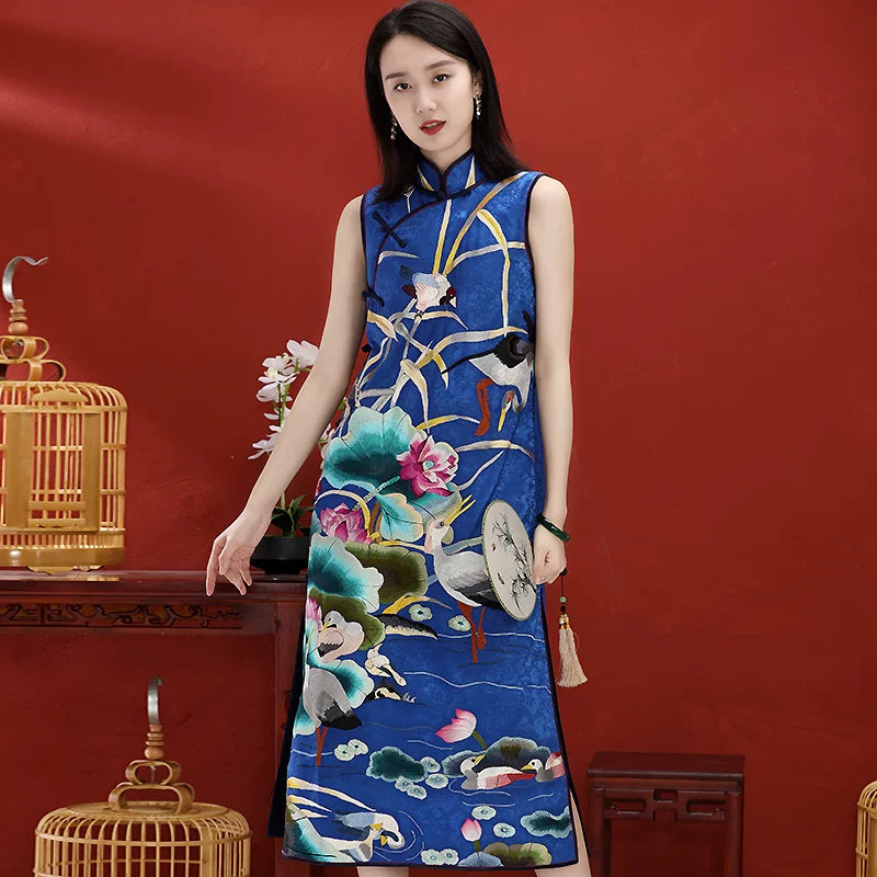 Custom Chinese‑Style Retro Spring Autumn Hand‑Embroidered Plus‑Size Qipao Dress