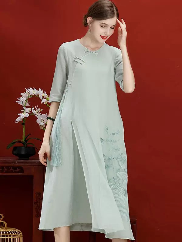Women’s Summer Retro Cheongsam Dress Embroidered Round Neck